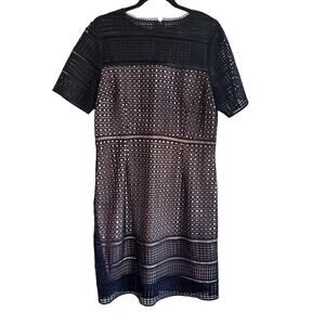 Hobbs Midi Eyelet Dress Navy Blue Cream Sz 12